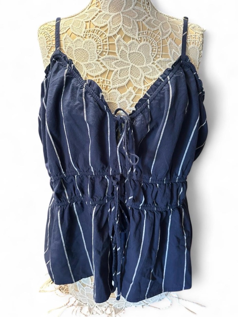 Ava & Viv Navy Blue Striped Spaghetti Strap Peplum Cami